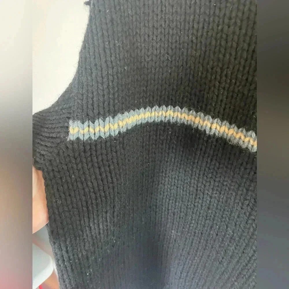 Vintage 90s Mens J Crew Hand Knit Black Wool Chunky‎ Striped Crew Sweater Sz L